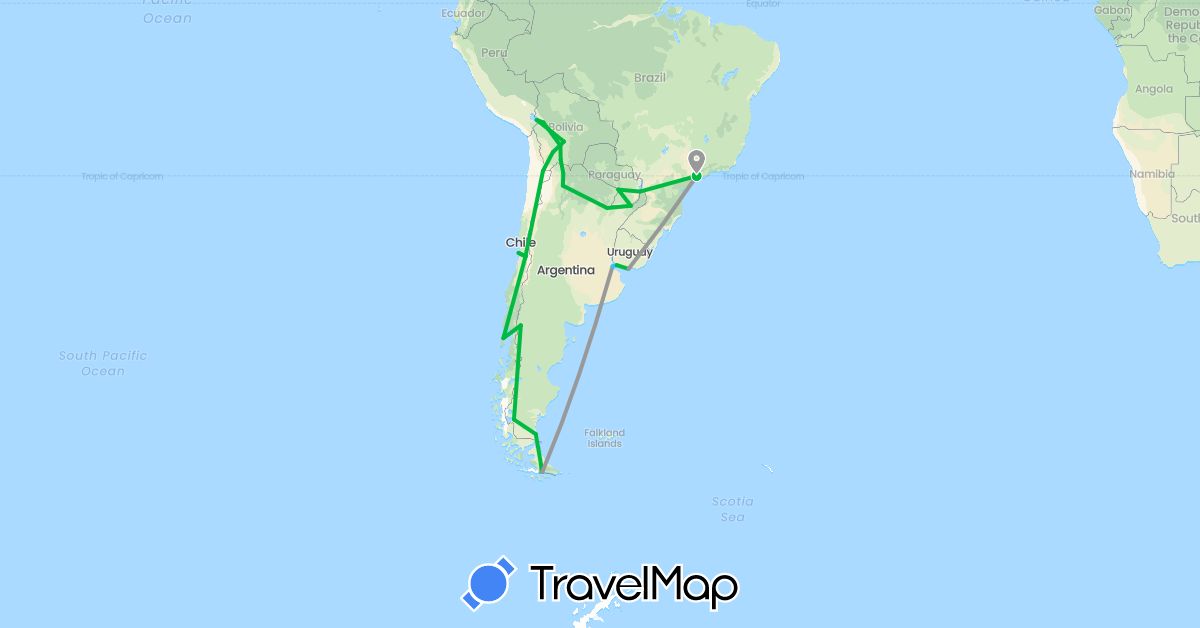 TravelMap itinerary: driving, bus, plane, boat in Argentina, Bolivia, Brazil, Chile, Paraguay, Uruguay (South America)